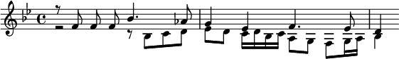 { \relative f' { \key bes \major \time 4/4
<< { r8 f f\noBeam f bes4. aes8 | g4 ees f4. ees8 | d4 } \\
   { r2 r8 bes c d | ees d c16 d bes c a8 g f g16 a | bes4 } >> } }