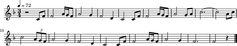 {\relative f' { \key f \major \tempo 4 = 72 \time 3/4 \set Staff.midiInstrument = #"violin"r2 c8 f8| f2 a16 g16 f8| a2 g4| f2 d4| c2 c8 f8| f2 a16 g16 f8| a2 g8 a8| c2.(c2)a8 c8| c2 \tuplet 3/2 { a8 g f }| a2 g4| f2 d4| c2 c8 f8| f2 a16 g16 f8| a2 g4| f2.| f2 r4\bar "|."}}