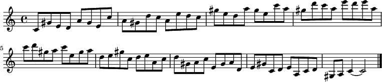 
{

\modalTranspose c c' { c d e gis a } { c8 gis e } 
\modalTranspose c d' { c d e gis a } { c gis e } 
\modalTranspose c e' { c d e gis a } { c gis e } 
\modalTranspose c gis' { c d e gis a } { c gis e } 
\modalTranspose c a' { c d e gis a } { c gis e } 
\modalTranspose c c'' { c d e gis a } { c gis e } 
\modalTranspose c d'' { c d e gis a } { c gis e } 
\modalTranspose c e'' { c d e gis a } { c gis e } 
\modalTranspose c gis'' { c d e gis a } { c gis e } 
\modalTranspose c a'' { c d e gis a } { c gis e } 

\modalInversion c e''' { c d e gis a } { c gis e } 
\modalInversion c d''' { c d e gis a } { c gis e } 
\modalInversion c c''' { c d e gis a } { c gis e } 
\modalInversion c a'' { c d e gis a } { c gis e } 
\modalInversion c gis'' { c d e gis a } { c gis e } 
\modalInversion c e'' { c d e gis a } { c gis e } 
\modalInversion c d'' { c d e gis a } { c gis e } 
\modalInversion c c'' { c d e gis a } { c gis e } 
\modalInversion c a' { c d e gis a } { c gis e } 
\modalInversion c gis' { c d e gis a } { c gis e } 
\modalInversion c e' { c d e gis a } { c gis e } 
\modalInversion c d' { c d e gis a } { c gis e } 

c'4~ c'2

\bar "|."
}
