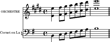 
\language "italiano"
upper = \relative do'' {
\key mi \major
\clef treble 
\stemDown
<mi mi,>4 <fad fad,>8[ <sold sold,>] <la la,>[ <si si,> <dod dod,> <red red,>] | <mi mi,>1 \bar "||"
}%upper
lower = \relative do {
\key sol \major
\clef bass
\stemDown
si4 do8[ re] mi[ fad sol la] | si1 \bar "||"
}%lower
\score {
<<  
  \new ChoirStaff \with {
    instrumentName = \markup { \fontsize #-4 {"ORCHESTRE   "}}
  }
   \upper
  \new ChoirStaff \with {
    instrumentName = \markup {\fontsize #-3 {"Cornet en La"\natural}}
  }
\lower
>>
\layout{
  indent = 10\mm
  line-width = #120
  \set fontSize = #0
} %layout
} %score
\header { tagline = ##f}
