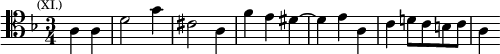 \relative a { \clef tenor \key d \minor \time 3/4 \partial 2 \mark \markup \tiny { (XI.) } a4 a | d2 g4 | cis,2 a4 | f' e dis ~ | dis e a, | c d!8 c b c | a4 }