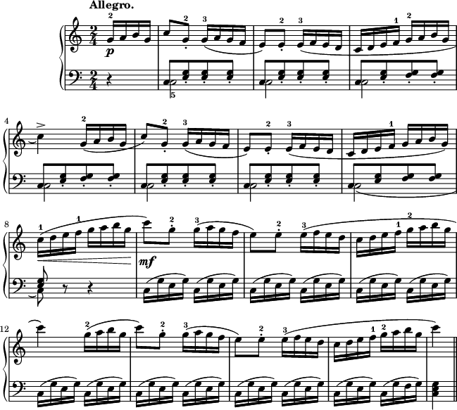 
sVarB = { r4 | << { \voiceOne c8[<e g>_. <e g>_. <e g>_.] | c8[<e g>_. <e g>_. <e g>_.] | c8[<e g>_. <f g>_. <f g>_.] | c8[<e g>_. <f g>_. <f g>_.] | c8[<e g>_. <e g>_. <e g>_.] | c8[<e g>_. <e g>_. <e g>_.] | c8[<e g> <f g> <f g>] | <e g>8 } \new Voice { \voiceTwo c2_5 | c2 | c2 | c2 | c2 | c2 | c2( | c8) } >> \oneVoice r8 r4 | c16([g' e g]) c,([g' e g]) | c,([g' e g]) c,([g' e g]) | c,([g' e g]) c,([g' e g]) | c,([g' e g]) c,([g' e g]) | c,([g' e g]) c,([g' e g]) | c,([g' e g]) c,([g' e g]) | c,([g' e g]) c,([g' f g]) | <c, e g>4 }

sVarA = { \partial 4 g16-2\p[a b g] | c8)[g-.-2] \slurDown g16-3([a g f] | e8)[e-.-2] e16-3([f e d] | c[d e f-1] g-2[a b g] | c4->) g16-2([a b g] | 
c8)[g-.-2] g16-3([a g f] | e8)[e-.-2] e16-3([f e d] | c[d e f-1] g[a b g]) | \slurNeutral c-1( \< [d e f-1] g[a b g]\! | c8)\mf[g-.-2] g16-3([a g f] | e8)[e-.-2] e16-3([f e d] | 
c[d e f-1] g-2[a b g] | c4) g16-2([a b g] | c8)[g-.-2] g16-3([a g f] | e8)[e-.-2] e16-3([f e d] | c[d e f-1] g-2[a b g] | c4) \bar "||" }

\paper { #(set-paper-size "a4") oddHeaderMarkup = \evenHeaderMarkup }
\header { tagline = ##f }
\version "2.18.2"
\score {
\midi {  }
\layout { line-width = #160
\context { \PianoStaff \consists #Span_stem_engraver } indent = 2\cm}
\new PianoStaff <<
  \new Staff { \clef 
"violin" \key c \major \time 2/4 \tempo \markup { \bold "Allegro." } \relative f' { \sVarA } }
  \new Staff { \clef "bass" \key c \major \time 2/4 \relative c { \sVarB } }
>> }