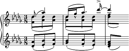 
\language "italiano"
\score {
  \new PianoStaff <<
   \new Staff = "up" <<
    \clef treble
    \relative do'' {
      \key reb \major
      \time 3/8
      << { \slurUp reb8( lab'4) | reb,16[( solb_^ lab8.]) reb16->~ | reb4 } 
       \\ 
         { <reb, fa,>8-.[( <reb lab>-. <reb lab>-.]) | <reb lab>8-.[( <reb lab>-. <reb lab>-.]) | <fa reb>8-.[( \hideNotes do]) } 
      >>
    }
>>
   \new Staff = "down" <<
    \clef treble
    \relative do' {
      \key reb \major
      \time 3/8
      <lab' reb,>8-.[( <sib mib,>-. <do fa,>-.]) | <sib solb>8-.[( <do fa,>-. <sib mib,>-.]) | <lab fa reb>8-.[( \hideNotes fa])

    }
>>
  >>
  \layout {
    \context { \Staff \RemoveEmptyStaves }
    \context { \Score \override SpacingSpanner.base-shortest-duration = #(ly:make-moment 1/32) }
    indent = 0\cm
    line-width = #120
    \override Score.BarNumber #'stencil = ##f
  }
}
\header { tagline = ##f}
