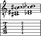  
<<
  %\override Score.BarLine.break-visibility = ##(#f #t #t)
  \time 2/1
    \new Staff  {
    \clef "treble_8"
        \once \override Staff.TimeSignature #'stencil = ##f
        < cis eis b cis' >1 | < des f ces' des' >1 |
    }

     \new TabStaff {
       \override Stem #'transparent = ##t
       \override Beam #'transparent = ##t 
      s2 < cis\5 f\4 b\3 cis'\2 >1 s2
  }
>>
