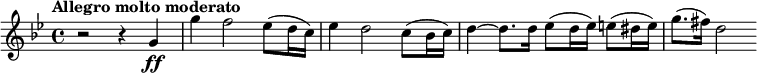  \relative g' { \key g \minor \time 4/4 \tempo "Allegro molto moderato" r2 r4 g4\ff | g' f2 es8( d16 c) | es4 d2 c8( bes16 c) | d4~ d8. d16 es8( d16 es) e8( dis16 e) | g8.( fis16) d2 }