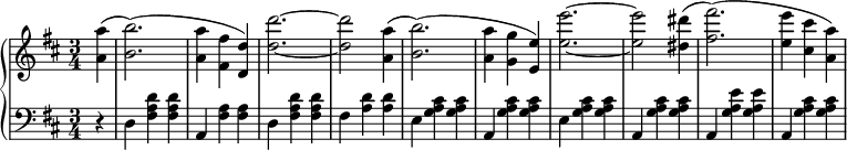 {
 \new PianoStaff <<
 \new Staff {\key b \minor \time 3/4 \set Score.tempoHideNote = ##t \tempo 2. = 52 \relative c' { \partial 4 <a' a'>( <b b'>2.)( <a a'>4 <fis fis'> <d d'>) <d' d'>2.~ <d d'>2 <a a'>4( <b b'>2.)( <a a'>4 <g g'> <e e'>) <e' e'>2.~ <e e'>2 <dis dis'>4( <fis fis'>2.)( <e e'>4 <cis cis'> <a a'>)}}

 \new Staff {\clef bass \key b \minor \time 3/4 \partial 4 \relative c {r4 d4 <fis a d> q a, <fis' a> q d <fis a d> q fis <a d> q e <g a cis> q a, <g' a cis> q e <g a cis> q a, <g' a cis> q a, <g' a e'> q a, <g' a cis> q}}
>>
}