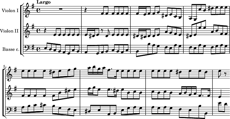 
\version "2.14.2"
\header {
  tagline = ##f
}
global= {
  \time 4/4
  \key e \minor
  \tempo "Largo"

}

violinOne = \new Voice \relative c' {
  \set Staff.instrumentName = #"Violon I "
  \set Staff.midiInstrument = #"violin"
  \tempo 4 = 56
 
  R1 r4 \repeat unfold 3 { fis8 fis } fis16 e fis8 fis g dis e c b | a g c' b dis e e e |
  e8 e e e dis e fis g | a16 b g a fis8. e16 \repeat unfold 4 { e8 e } dis8 e e dis | e8 r8

}

violinTwo = \new Voice \relative c' {
  \set Staff.instrumentName = #"Violon II "
  \clef treble
  \set Staff.midiInstrument = #"violin"

  r4 \repeat unfold 3 { e8 e } e16 dis e8 r8 dis e e e e | dis16 cis dis8 dis e a g fis e | dis e e' e a, b fis fis

  % ms. 5
  fis8 fis fis fis fis b dis e | fis16 g e8 e8. dis16 e8 b c b | c b c b a16 b g a fis8. fis16 | e4

    % \addlyrics {  }
}

basse = \new Voice \relative c {
  \set Staff.instrumentName = #"Basse c."
  \clef bass
  \set Staff.midiInstrument = #"harpsichord"

  e8 d c b a g c b | a g a b c b a c | b b' a g fis e a g | fis e a g fis g a g | 

  % ms. 5
  a8 b c cis b g fis e | dis  e a, b e g a g | a g a g fis e b' b, e'[ d]

}

\score {
  \new StaffGroup <<
    \new Staff << \global \violinOne >>
    \new Staff << \global \violinTwo >>
    \new Staff << \global \basse >>
  >>
  \layout {
    #(layout-set-staff-size 17)
    \context {
      \Score
      % \remove "Metronome_mark_engraver"
      \override SpacingSpanner.common-shortest-duration = #(ly:make-moment 1/2)
    }
  }
  \midi { }
}
