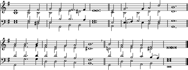 
<< <<
\new Staff { \clef treble \time 4/2 \key e \minor \set Staff.midiInstrument = "church organ" \omit Staff.TimeSignature \set Score.tempoHideNote = ##t \override Score.BarNumber  #'transparent = ##t \override Staff.NoteHead.style = #'altdefault
  \relative c'
  << {  e1 e2 fis | g g fis2. fis4 | e1. \bar"||" e2 | g2. g4 a2 d | \time 3/2 b1. \bar"||" \break
        b2 b2. b4 | \time 4/2 a2 fis g a | b1. \breathe \bar"||" b2 | a g a fis | e \breve \bar"|." } \\
  { b1 b2 b | b e e dis | e1. c2 | b b d d | d1.
    g2 g2. g4 | fis2 d g e | dis1. d2 | fis e e dis | e \breve } >>
}
\new Staff { \clef bass \key e \minor \set Staff.midiInstrument = "church organ" \omit Staff.TimeSignature
  \relative c'
  << { g1 g2 fis | e b' b2. a4 | g1. e2 | e4( fis) g2 g fis | g1.
       d'2 d2. d4 | d2 d b a | fis1. d'2 | d b c b4( a) | g \breve } \\
  { e1 e2 dis | e g, b b | e1. a,2 | e'2. e4 d2 d | g,1.
    g2 g'2. g4 | d2 d e c | b1. g2 | d'2 e a, b | e \breve } \\
       \tiny \override NoteColumn.force-hshift = #0.1
       { s1 s1 | s1 s1 | s1 s1 | s1 s1 | s1. |
       s1. | s1 s1 | s1 s1 | s1 s1 | e, \breve } >>
}
>> >>
\layout { indent = #0 }
\midi { \tempo 2 = 56 }
