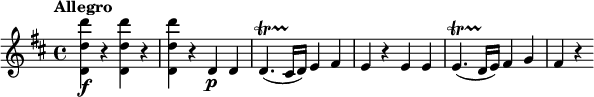 \relative c' {  \tempo "Allegro"  \version "2.18.2"  \key d \major  \tempo 4 = 120  <d d' d'>4\f r q r |  q4 r d\p d |  d4.\startTrillSpan( cis16\stopTrillSpan d) e4 fis |  e4 r e e |  e4.\startTrillSpan( d16\stopTrillSpan e) fis4 g |  fis4 r}