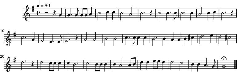 X:1
L:1/8
Q:1/4=80
M:4/4
I:linebreak $
K:G
U:H = !fermata!
V:1
 z4 z2 G2 | G3 G G G A2 | B4 c2 c2 | B4 A4 | B6 z2 | B4 B3 B | B6 B2 | A4 B2 c2 | B6 z2 | c6 A2 | G4 F3 F | G6 z2 | A4 A4 | B4 B4 | c3 c c2 c2 | B6 B2|A2 A2 B2 ^c2|d6 e2 |d4 ^c4|d6 z2| d4 c c c2 | c2 B6 | c4 B B B2| B2 A4 A B|d2 d2 e e d2|d4 c4|B2 B2 A3 G| HG8 |] %16