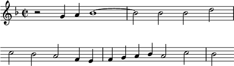 
\language "italiano"
porteeA = \relative do'' {
  \time 2/2
  \key fa \major
  r2*1/2 sol4*1/2 la sib1*1/2~ | sib2*1/2 sib sib re | \break
  \override Score.Clef.break-visibility = ##(#f #f #f)
  \override Score.KeySignature.break-visibility = ##(#f #f #f)
  do sib la fa4*1/2 mi | fa sol la \once \stemUp sib la2*1/2 do | sib
}
\score {
     \porteeA
  \layout {
    \context { \Staff \RemoveEmptyStaves }
    indent = 0\cm
    \override Score.BarNumber #'stencil = ##f
    line-width = #120
  }
  \midi { }
 }
\header { tagline = ##f}
