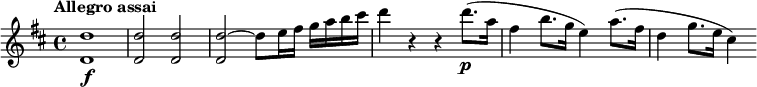  \relatif c" { \tempo "Allegro assai" \kunci d \major <d d,>1\f | q2 q | <d~ d,>2 d8 e16 fis g a b cis | d4 r r d8.(\p a16 | fis4 b8. g16 e4) a8.( fis16 | d4 g8. e16 cis4) } 