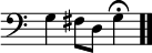 \relative c { \override Score.TimeSignature #'stencil = ##f \time 3/4 \clef bass g'4 fis8 d g4\fermata \bar ".." }