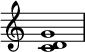 
{
\override Score.TimeSignature #'stencil = ##f
\relative c' {
   \clef treble 
   \time 4/4
   \key c \major
   <c d g>1
} }
