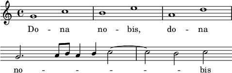 
\language "italiano"
basMusic = \relative do'' {
  sol1*1/2 do | si mi | la, re | \break
  \override Score.Clef.break-visibility = ##(#f #f #f)
  \override Score.KeySignature.break-visibility = ##(#f #f #f)
  sol,2.*1/2 la8*1/2 si la4*1/2 \once \stemUp si do2*1/2~ | do si do 
}
basWords = \lyricmode {
  Do -- na no -- bis, do -- na no -- \skip 1 \skip 1 \skip 1 \skip 1 \skip 1 \skip 1 bis
}
\score {
  <<  
      \new Staff = "altos"
      <<
        \new Voice = "altos" { \basMusic }
      >>
      \new Lyrics \lyricsto "altos" { \basWords }
  >>
    \layout {
      \context { \Staff \RemoveEmptyStaves }
    indent = 0\cm
    \override Score.BarNumber #'stencil = ##f
    line-width = #120
  } % layout
} % score
\header { tagline = ##f}
