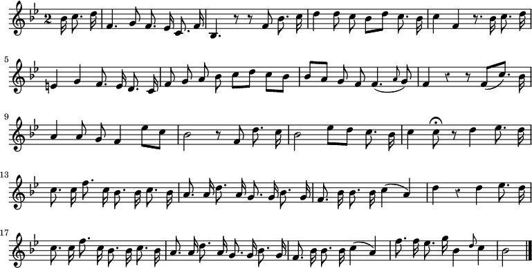 
\relative c'' {
  \key bes \major
  \override Staff.TimeSignature #'style = #'single-digit
  \time 2/2
  \partial 16*5
  \autoBeamOff
  \override Rest #'style = #'classical
  bes16 c8. d16
  f,4. g8 f8. es16 c8. f16
  bes,4. r8 r f' bes8. c16
  d4 d8 c bes[ d] c8. bes16
  c4 f, r8. bes16 c8. d16

  e,4 g f8. e16 d8. c16
  f8 g a bes c[ d] c[ bes]
  bes[ a] g f f4.( \grace a8 g) % une croche de trop, -> noire->croche
  f4 r r8 f[( c'8.]) bes16
  a4 a8 g f4 es'8[ c]

  bes2 r8 f d'8. c16
  bes2 es8[ d] c8. bes16
  c4 c8\fermata r d4 es8. d16
  c8. c16 f8. c16 bes8. bes16 c8. bes16

  a8. a16 d8. a16 g8. g16 bes8. g16
  f8. bes16 bes8. bes16 c4( a)
  d4 r d es8. d16
  c8. c16 f8. c16 bes8. bes16 c8. bes16

  a8. a16 d8. a16 g8. g16 bes8. g16
  f8. bes16 bes8. bes16 c4( a)
  f'8. f16 es8. g16 bes,4 \grace d8 c4
  bes2
  \bar "|."
}
