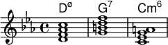 <<
    \new ChordNames \chordmode {
  d1:m7.5- g:7 c:min6
  }
 \new Staff \relative c'{ \key c \minor
<d f aes c> <g b d f > <c, ees g a> }
  >>