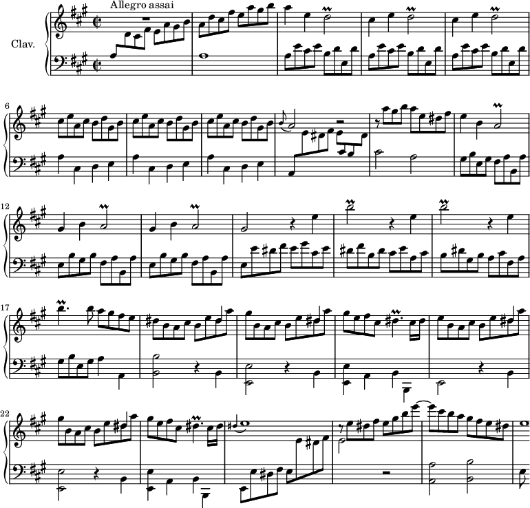 
\version "2.18.2"
\header {
  tagline = ##f
  % composer = "Domenico Scarlatti"
  % opus = "K. 533"
  % meter = "Allegro assai"
}

%% les petites notes
trillDb     = { \tag #'print { d2\prall } \tag #'midi { \times 2/3 { e16 d e } d8~ d4 } }
trillAb     = { \tag #'print { a2\prall } \tag #'midi { \times 2/3 { b16 a b } a8~ a4 } }
trillBbUp   = { \tag #'print { b'2\prall } \tag #'midi { \times 2/3 { cis16 b cis } b8~ b4 } }
trillBpUp   = { \tag #'print { b'4.\prall } \tag #'midi { \times 2/3 { cis16 b cis } b4 } }
trillDisp   = { \tag #'print { dis4.\prall } \tag #'midi { \times 2/3 { e16 dis e } dis4 } }

upper = \relative c'' {
  \clef treble 
  \key a \major
  \time 2/2
  \tempo 2 = 102
  \set Staff.midiInstrument = #"harpsichord"
  \override TupletBracket.bracket-visibility = ##f

      s8*0^\markup{Allegro assai}
      R1 | a8 d cis fis e a gis b | a4 e \trillDb | \repeat unfold 2 { cis4 e \trillDb }
      % ms. 6
      \repeat unfold 3 { cis8 e a, cis b d gis, b } | 
      % ms. 9
      \appoggiatura b8 a2 b2\rest | r8 a'8 gis b a e dis fis | e4 b \trillAb | \repeat unfold 2 { gis4 b \trillAb } |
      % ms. 14
      gis2  \repeat unfold 2 { r4 e'4 \trillBbUp } | r4 e,4 |
      % ms. 17
      \trillBpUp b8 a gis fis e |  << { s4 s2 dis4 } \\ { dis8 b a cis b e dis a' } >> << { s4 s2 dis,4 } \\ { gis8 b,8 a cis b e dis a' } >> gis8 e8 fis cis \trillDisp cis16 dis |
      % ms. 21
      << { \repeat unfold 2 { s4 s2 dis4 } } \\ { e8 b a cis b e dis a' gis b, a cis b e dis a' } >> gis8 e fis cis \trillDisp cis16 dis | \appoggiatura dis4 e1 |
      % ms. 25
      cis8\rest e8 dis fis e gis b e~ | e8 cis b a gis fis e dis | e1*1/8

}

lower = \relative c' {
  \clef bass
  \key a \major
  \time 2/2
  \set Staff.midiInstrument = #"harpsichord"
  \override TupletBracket.bracket-visibility = ##f

    % **************************************
      \stemUp a8 \stemDown \change Staff = "upper" d cis fis e a gis b \change Staff = "lower" | a,1 | \repeat unfold 3 { a8 e' cis e b d e, d' } |
      % ms. 6
      \repeat unfold 3 { a4 cis, d e } | 
      % ms. 9
      \stemUp a,8 \stemDown \change Staff = "upper" e'' dis fis e8 \stemUp \change Staff = "lower" cis b \stemDown \change Staff = "upper" dis | \stemNeutral \change Staff = "lower" cis2 a | gis8 b e, gis fis a b, a' | \repeat unfold 2 { e b' gis b  fis a b, a' } |
      % ms. 14
      e8 e' dis fis e gis cis, e | dis fis b, dis cis e a, cis | b dis gis, b a cis fis, a |
      % ms. 17
      gis8 b e, gis a4 a, | < b b' >2 r4 b4 | < e, e' >2 r4 b'4 | < e, e' >4 a b b, | 
      % ms. 21
      e2 r4 b'4 |  < e, e' >2 r4 b'4 | < e, e' >4 a b b, | e8 e' dis fis e \stemDown \change Staff = "upper" e' dis fis |
      % ms. 25
      e2 \change Staff = "lower"  r2 | < a,, a' >2 < b b' > | e8

}

thePianoStaff = \new PianoStaff <<
    \set PianoStaff.instrumentName = #"Clav."
    \new Staff = "upper" \upper
    \new Staff = "lower" \lower
  >>

\score {
  \keepWithTag #'print \thePianoStaff
  \layout {
      #(layout-set-staff-size 17)
    \context {
      \Score
     \override SpacingSpanner.common-shortest-duration = #(ly:make-moment 1/2)
      \remove "Metronome_mark_engraver"
    }
  }
}

\score {
  \keepWithTag #'midi \thePianoStaff
  \midi { }
}
