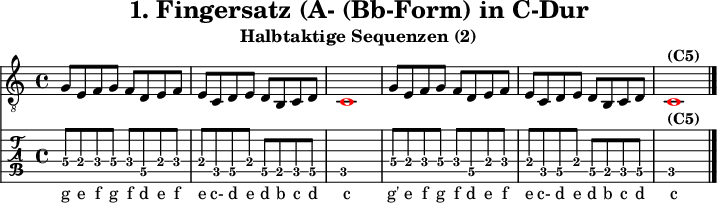 
\version "2.20.0"
\header {
  title="1. Fingersatz (A- (Bb-Form) in C-Dur"
  subtitle="Halbtaktige Sequenzen (2)"
}
%% Diskant- bzw. Melodiesaiten
Diskant = \relative c' {
  \set TabStaff.minimumFret = #2
  \set TabStaff.restrainOpenStrings = ##t
  \key c \major
  g8 e f g f d e f
  e c d e d b c d  \once \override NoteHead #'color = #red c1 
  g'8 e f g f d e f
  e c d e d b c d   \once \override NoteHead #'color = #red c1^\markup { \bold {(C5)} }
  \bar "|."
}

%% Layout- bzw. Bildausgabe
\score {
  <<
    \new Voice  { 
      \clef "treble_8" 
      \time 4/4  
      \tempo 4 = 120 
      \set Score.tempoHideNote = ##t
      \Diskant \addlyrics {
        g8 e f g f d e f
  e c-2 d e d b c d  c
  g'8 e f g f d e f
  e c-2 d e d b c d c
      }
    }
    \new TabStaff { \tabFullNotation \Diskant }
  >>
  \layout {}
}

%% Midiausgabe mit Wiederholungen, ohne Akkorde
\score {
  <<
    \unfoldRepeats {
      \new Staff  <<
        \tempo 4 = 120
        \time 4/4
        \set Staff.midiInstrument = #"acoustic guitar (nylon)"
        \clef "G_8"
        \Diskant
      >>
    }
  >>
  \midi {}
}
%% unterdrückt im raw="!"-Modus das DinA4-Format.
\paper {
  indent=0\mm
  %% DinA4 = 210mm - 10mm Rand - 20mm Lochrand = 180mm
  line-width=180\mm
  oddFooterMarkup=##f
  oddHeaderMarkup=##f
  % bookTitleMarkup=##f
  scoreTitleMarkup=##f
}
