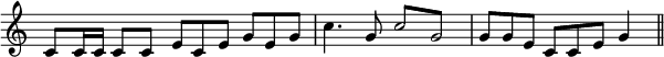 { \override Score.TimeSignature #'stencil = ##f \override TupletNumber #'stencil = ##f \override TupletBracket #'bracket-visibility = ##f \relative c' { c8[ c16 c] c8[ c] \times 2/3 { e[ c e]  } \times 2/3 { g[ e g] } | c4. g8 \repeat tremolo 2 { c8 g } | \times 2/3 { g g e } \times 2/3 { c c e } g4 \bar "||" } }