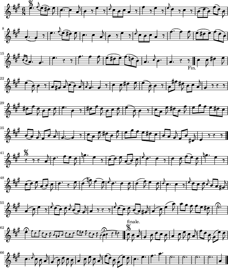 
\relative c'' {
  \key a \major
  \time 6/8
  \override Rest #'style = #'classical
  e4.\segno \appoggiatura fis8 e([ dis)] e
  cis4.~ cis4 a8
  b4 r8 e4 r8
  \grace d cis b cis a4 r8
  fis'4 r8 e4 r8
  \grace e d4 r8 cis4 r8
  b( d b) fis'[( d]) b

  a4.( gis4) r8
  e'4. \appoggiatura fis8 e([ dis)] e
  cis4. cis4 a8
  b4 r8 e4 r8
  \grace d cis b cis a4 r8
  fis'4.~ fis4 fis8
  e( dis e) fis( dis b)
  \appoggiatura { cis16[ b] } a4. gis
  e' r4 r8

  fis4. fis4 fis8
  e( dis e) fis( d b)
  a4. \grace cis8 b4.
  a4. r4 r8_"Fin."
  \bar "|."
  cis4 cis8 dis4 e8
  e4( b8) b4 r8
  a[ gis!] a cis[( b]) a
  \grace a gis4. gis4 r8
  cis4 cis8 dis4 e8

  e4( b8) b4 r8
  a[ fis'!] dis b[ cis] a
  gis4 r8 r4 r8
  dis'[ fis] dis b[ cis] dis
  e4. b4 r8
  dis[ fis] dis b[ cis] dis
  e4( b8) b4 r8
  cis[ a] e' dis[ b] fis'

  e gis fis e dis cis
  b[( a]) gis fis[ b] a
  gis4.~ gis4 r8
  cis[ a] e' dis[ b] fis'
  e gis fis e dis cis
  b[ a] gis fis[ b] dis,
  e4 r8 r4 r8
  \bar "|."
  r4\segno r8 r4 a8

  d4. fis8[ e] d
  g4. e4 r8
  cis[( d]) e a,[( b]) cis
  \grace e d4. d4 r8
  d4 d8 fis[( e]) d
  g4. e4 r8
  cis[( d]) e a,[( b]) cis
  d4. r4 e8
  d4( g8) fis4( e8)

  \grace e d4. d4 d8
  d4( fis8) e4 d8
  \grace d cis4. cis4 r8
  \grace e d[ cis] d \grace cis b[ a] gis!
  a4( cis8) e4 r8
  \grace e8 d[( cis]) d \grace cis b[( a]) gis
  a4 r8 r4 r8
  \grace e' d[( cis]) d b[( a]) gis!

  % tourne

  a4( cis8) e4( a8)
  a[ gis] fis fis[ e] dis
  e2.\fermata
  \cadenzaOn
  <<
    \new Voice {
      e4\fermata s4.*6
      b4\fermata \cadenzaOff s2.
    }
    \new CueVoice {
      s4 fis'8[ d fis] d[ cis] d b[ ais b] d[ cis d] fis[ eis] fis d[ cis] d
      b4( \cadenzaOff cis d dis)
    }
  >>
  \bar "|."
  \cadenzaOn
  \autoBeamOff
  cis8^"finale."\segno b a
  \cadenzaOff \bar "|"
  gis4 b8 d[ cis] b

  a4 cis8 e cis a
  fis'[ d] b gis[( e']) d
  cis4. \grace d8 cis b a
  gis4( b8) d cis b
  a4 cis8 e cis a
  fis'[( d]) b gis[( e']) d

  cis4. e
  fis a
  e2. e e e
  a,4
  \bar "|."
}
