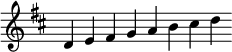 \relative d' { \key d \ionian \override Score.TimeSignature #'stencil = ##f \cadenzaOn d e fis g a b cis d }