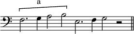 { \override Score.TimeSignature #'stencil = ##f \clef bass \cadenzaOn \[ f2. g4^"a" a2 b \] e2. f4 g2 r2 \bar "||" }