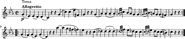 
    \relative c'' {
    \set Score.tempoHideNote = ##t \tempo 4 = 112
    \key c \minor
    \time 2/2
        \partial 4 g4\p(^\markup {
              \column {
                \line { Tema }
                \line { \bold { Allegretto } }
            }
        }
        es) es( d) d(
        c) r r g'(
        c) c( es fis,)
        g r r g(
        aes) aes-.( aes-. aes-.)
        \grace { aes32( bes32} c4) bes8 aes g4 g
        \grace { g32( a32} bes4) a!8 g g4( fis)
        \partial 2. g r r \bar ":..:" \break
       
        \partial 4 g(
        f) g( es) g(
        d) r r aes''~
        aes( g fis f)
        es r r c(
        des) des-.( des-. des-.)
        \grace { des32( es32} f4) es8 des! c4 c
        \grace { c32( d!32} es4) d8 c c4( b)
        \partial 2. c r r \bar ":|."
    }
