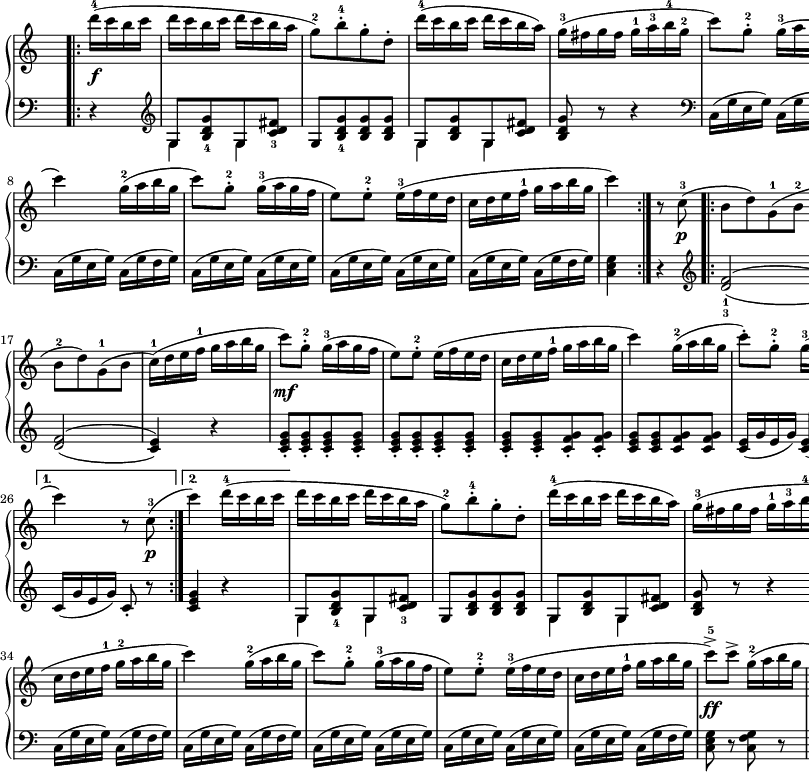 
sVarB = { r4 \clef "violin" | << { \voiceOne g'8[<b d g>_4 g <c d fis>_3] } \new Voice { \voiceTwo g4 g } >> | \oneVoice g8[<b d g>_4 <b d g> <b d g>] | << { \voiceOne g8[<b d g> g <c d fis>] } \new Voice { \voiceTwo g4 g } >> | \oneVoice <b d g>8 r r4 \clef "bass" | c,16([g' e g]) c,([g' e g]) | c,16([g' e g]) c,([g' e g]) | c,16([g' e g]) c,([g' f g]) | c,16([g' e g]) c,([g' f g]) | c,16([g' e g]) c,([g' e g]) | c,16([g' e g]) c,([g' e g]) | c,16([g' e g]) c,([g' f g]) | <c, e g>4 r \clef "violin" | \set doubleSlurs = ##t <d' f>2_1_3( | <c e>_2_4) | <d f>( | <c e>) | <d f>( | <c e>4) r \set doubleSlurs = ##f | <c e g>8_.[<c e g>_. <c e g>_. <c e g>_.] | <c e g>_.[<c e g>_. <c e g>_. <c e g>_.] | <c e g>_.[<c e g>_. <c f g>_. <c f g>_.] | 
<c e g>[<c e g> <c f g> <c f g>] | <c e>16([g' e g]) <c, e>([g' e g]) | c,([g' e g]) c,([g' e g]) | c,([g' e g]) c,([g' f g]) | c,([g' e g]) c,8_. r | <c e g>4 r | 
<< { \voiceOne g8[<b d g>_4 g <c d fis>_3] } \new Voice { \voiceTwo g4 g } >> | \oneVoice g8[<b d g> <b d g> <b d g>] | << { \voiceOne g8[<b d g> g <c d fis>] } \new Voice { \voiceTwo g4 g } >> | \oneVoice <b d g>8 r r4 \clef "bass" | c,16([g' e g]) c,([g' e g]) | c,16([g' e g]) c,([g' e g]) | c,16([g' e g]) c,([g' f g]) | c,16([g' e g]) c,([g' f g]) | c,16([g' e g]) c,([g' e g]) | c,16([g' e g]) c,([g' e g]) | c,16([g' e g]) c,([g' f g]) | <c, e g>8 r <c f g> r | <c e g>8 r <c f g> r | <c e g>8 r <c e g> r | <c e g>4 << { \voiceOne \crossStaff { \autoBeamOff g'8 g | <e g>4 } } \new Voice { \voiceTwo c8_1[c] | c,4 } >> }

sVarA = { \bar ".|:" \repeat volta 2 { d16-4(\f[c b c] | d[c b c] d([c b a] | g8-2)[b-.-4 g-. d-.] d'16-4([c b c] d[c b a]) | g-3([fis g fis] g-1[a-3 b-4 g-2] | c8)[g-.-2] g16-3([a g f] | e8)[e-.-2] e16-3([f e d] | 
c[d e f-1] g[a b g] | c4) g16-2([a b g] | c8)[g-.-2] g16-3([a g f] | e8)[e-.-2] e16-3([f e d] | c[d e f-1] g[a b g] | c4) } r8 c,8-3\p( \repeat volta 2 { \bar ".|:" b[d)g,-1(b-2] | c-1[e-3 g-5)c,-1]( b-2[d-4)g,(b] | c-1[e g)c,-1]( | b-2[d)g,-1(b] | c16-1)([d e f-1] g[a b g] | c8)\mf[g-.-2] g16-3([a g f] | e8)[e-.-2] e16([f e d] | c[d e f-1] g[a b g] |
c4) g16-2([a b g] | c8-.)[g-.-2] g16-3([a g f] | e8)[e-.-2] e16-3([f e d] | c[d e f-1] g[a b g] } \alternative { { c4) r8 c,-3\p( } { c'4) d16-4([c b c] } } | d[c b c] d[c b a] | 
g8-2)[b-.-4 g-. d-.] | d'16-4([c b c] d[c b a]) | g-3([fis g fis] g-1[a-3 b-4 g-2] | c8)[g-.-2] g16-3([a g f] |e8)[e-.-2] e16-3([f e d] | c[d e f-1]g-2[a b g] | c4) g16-2([a b g] | 
c8)[g-.-2] g16-3([a g f] | e8)[e-.-2] e16-3([f e d] c[d e f-1] g[a b g] | c8^>-5)\ff[c^>] g16-2([a b g] | c8^>)[c-.^>] g16([a b g] | <e g c>8) r <g c e> r | <e g c>4 <c, e>8-3-5[<c e>] | c4 \bar "|." }

\paper { #(set-paper-size "a2") oddHeaderMarkup = \evenHeaderMarkup }
\header { tagline = ##f }
\version "2.18.2"
\score {
\midi {  }
\layout { line-width = #280
\context { \PianoStaff \consists #Span_stem_engraver } indent = 0\cm}
\new PianoStaff <<
  \new Staff { \clef "violin" \key c \major \time 2/4 \override Staff.TimeSignature #'transparent = ##t \relative c''' { \partial 4 \sVarA } }
  \new Staff { \clef "bass" \key c \major \time 2/4 \override Staff.TimeSignature #'transparent = ##t \relative g, { \sVarB } }
>> }