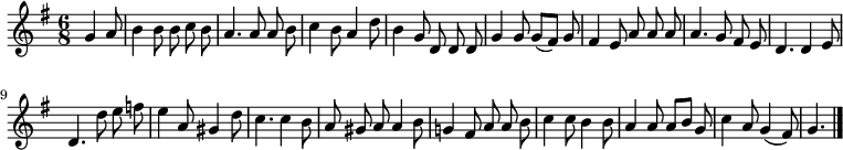 
\relative c'' {
  \key g \major
  \time 6/8
  \partial 4.
  \autoBeamOff
  g4 a8
  b4 b8 b c b
  a4. a8 a b
  c4 b8 a4 d8
  b4 g8 d d d
  g4 g8 g[( fis]) g
  fis4 e8 a a a
  a4. g8 fis e

  d4. d4 e8
  d4. d'8 e f
  e4 a,8 gis4 d'8
  c4. c4 b8
  a gis a a4 b8
  g!4 fis8 a a b
  c4 c8 b4 b8
  a4 a8 a[ b] g
  c4 a8 g4( fis8)
  g4.
  \bar "|."
}
