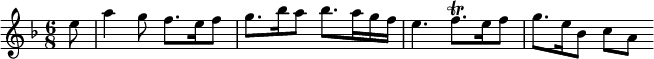 { \time 6/8 \key f \major \partial 8 \relative e'' { e8 a4 g8 f8. e16 f8 g8. bes16 a8 bes8. a16 g f | e4. f8.\trill e16 f8 | g8. e16 bes8 c[ a] } }