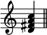 { \override Score.TimeSignature #'stencil = ##f <d' fis' a' c''>4 \bar "||" }