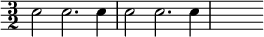 \relative c'' { \override Score.Clef #'stencil = ##f \time 3/2 c2 c2. c4 | c2 c2. c4 | s }