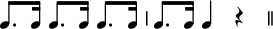 
\language "italiano"
melody = \relative do'' {
  \override Staff.StaffSymbol.line-count = #0
   \time 3/4
   sol8.[ sol16] sol8.[ sol16] sol8.[ sol16] | sol8.[ sol16] sol4 r \bar "||"
}
\score {
  <<
    \new Voice = "mel" { \melody }
  >>
  \layout {
    \context { \Staff \RemoveEmptyStaves }
    \context { \Staff \remove Clef_engraver \remove Time_signature_engraver }
    indent = 0\cm
    \override Score.BarNumber #'stencil = ##f
  }
}
\header { tagline = ##f}
