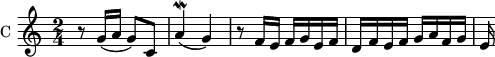 
\language "italiano"
\score {
 \new Staff \with { instrumentName = "C " } \relative do'' {
  \clef treble
  \time 2/4
  \key do \major
  r8 sol16( la sol8) do, | la'4(\mordent sol) | r8 fa16[ mi] fa sol mi fa | re fa mi fa sol la fa sol | mi
}
 \layout {
    \context { \Staff \RemoveEmptyStaves }
    indent = 0\cm
    line-width = #120
    \override Score.BarNumber #'stencil = ##f
  }
  \midi { }
}
\header { tagline = ##f}
