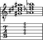  
<<
  %\override Score.BarLine.break-visibility = ##(#f #t #t)
  \time 2/1
    \new Staff  {
    \clef "treble_8"
        \once \override Staff.TimeSignature #'stencil = ##f
        <  gis cis' eis' ais'>1 | <  aes des' f' bes'>1 |
    }

     \new TabStaff {
       \override Stem #'transparent = ##t
       \override Beam #'transparent = ##t 
      s2 <  gis\4 cis'\3 f'\2 ais'\1>1 s2
  }
>>
