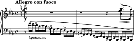 
\new PianoStaff <<
\new Staff = "Up" \with { \magnifyStaff #3/4 } <<
\new Voice \relative c' {
\clef treble
\tempo "Allegro con fuoco"
\set Score.tempoHideNote = ##t \tempo 4 = 160

\time 4/4
\key c \minor
<b' d f g b>2-> \f r r r4 <aes ees' f aes>8.-> \< (<g g'>16 \!)
}
>>
\new Staff = "Down" \with { \magnifyStaff #3/4 } <<
\new Voice \relative c{
\clef bass
\key c \minor
r8 aes''16_\markup{\italic legatissimo} (g f-> d ees d b-> g aes g f-> d ees d b-> g aes g f-> d ees d c-> g c g c-> g c g)
}
>>
>>
