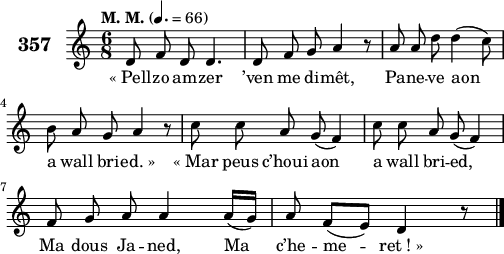 
\version "2.18.2"
\score {
 \new Staff {
  \set Staff.instrumentName = \markup {\huge \bold 357}
  \relative c'{
    \clef treble
    \tempo \markup {"M. M."} 4.= 66
    \autoBeamOff
    \key c \major
    \time 6/8
    d8 f d d4. | d8 f g a4 r8 | a a d d4( c8) | \break
    b a g a4 r8 | c c a g( f4) | c'8 c a g( f4) | \break
    f8 g a a4 a16([ g]) | a8 f([ e]) d4 r8 \bar "|."
  }
  \addlyrics{
    «_Pell -- zo am -- zer ’ven me di -- mêt, Pa -- ne -- ve aon
    a wall bri -- ed._» «_Mar peus c’houi aon a wall bri -- ed,
    Ma dous Ja -- ned, Ma c’he -- me -- ret_!_»
  }
 }
 \layout { line-width = #125 }
 \midi { }
}
\header { tagline = ##f }
