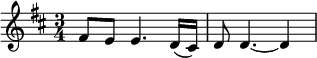 \relative c' { \time 3/4 \key d \major \tempo 4 = 90 \set Score.tempoHideNote = ##tfis8 e e4. d16( cis) | d8 d4. ~ d4 } 