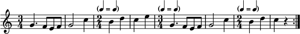 \relative c'' {
    \numericTimeSignature
    \repeat volta 2 {
      \time 3/4
      g4. f8 e f |
      g2 c4 |
      \time 2/4
      \tempo \markup {
        \concat {
          (
          \smaller \general-align #Y #DOWN \note {4} #1
          " = "
          \smaller \general-align #Y #DOWN \note {4} #1
          )
        }
      }
      b4 d |
      c e |
      \time 3/4
      \tempo \markup {
        \concat {
          (
          \smaller \general-align #Y #DOWN \note {4} #1
          " = "
          \smaller \general-align #Y #DOWN \note {4} #1
          )
        }
      }
      g,4. f8 e f |
      g2 c4 |
      \time 2/4
      \tempo \markup {
        \concat {
          (
          \smaller \general-align #Y #DOWN \note {4} #1
          " = "
          \smaller \general-align #Y #DOWN \note {4} #1
          )
        }
      }
      b4 d |
      c r |
    }
  }