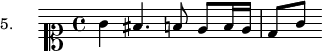 
\version "2.18.2"
\header {
 tagline = ##f
}

\score {
 \new Staff \with {

 }
<<
 \relative c'' {
 \set Staff.instrumentName = #"5."
 \key c \major
 \clef soprano
 \time 4/4
 \set Staff.midiInstrument = #"recorder" 
 %%%%%% section 5
 g4 fis4. f!8 e f16 e d8[ g]

 }
>>
 \layout {
 \context { \Score \remove "Metronome_mark_engraver" }
 }
 \midi {}
}
