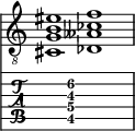  
<<
  %\override Score.BarLine.break-visibility = ##(#f #t #t)
  \time 2/1
    \new Staff  {
    \clef "treble_8"
        \once \override Staff.TimeSignature #'stencil = ##f
        < cis g b eis' >1 | < des aeses ces' f' >1 |
    }

     \new TabStaff {
       \override Stem #'transparent = ##t
       \override Beam #'transparent = ##t 
      s2 < cis\5 g\4 b\3 f'\2 >1 s2
  }
>>
