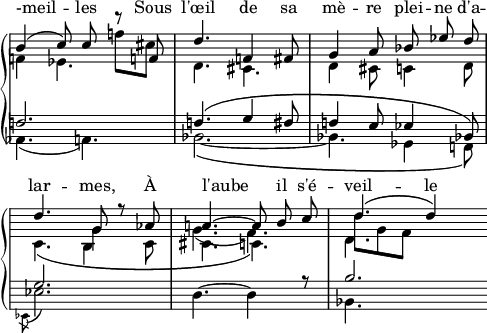 
% probable continuation de la partition 268B
\language "italiano"
porteeA = \relative do'' {
  \time 6/8 \key sol \major
  \mergeDifferentlyHeadedOn
  \mergeDifferentlyDottedOn
   << { \voiceOne
        \autoBeamOff
        si4( do8) do r8 fa,! | re'4. fa,!4 fad8 | sol4 la8 sib mib re | \break
        re4. sol,8 r lab | la!4.~ la8 si do | re4.\( re4\) s8 \bar ""
      } 
     \new Voice { \voiceTwo 
        fa,!4 mib4. s8 | re4. dod | re4 dod8 do4 re8 | \break
        do4.\( \shiftOnn si4 \shiftOff do8 | dod4. do\) | re'8[ sol, fa] s4. \bar ""
     } 
     \new Voice { \voiceThree
        \stemDown s2 fa'!8[ dod] | s2. s
        s4. sol4 s8 | \slurDown sol4.( fa) | re4. s \bar ""
     } 
   >> 
}
text = \lyricmode {
%  Ber -- cé par des pa -- ro -- \skip 1 les \skip 1 dou -- ces, L'en -- fant som- 
  -meil -- les
  Sous l'œil de sa mè -- re plei -- ne d'a -- lar -- mes,
  À l'aube il s'é -- veil -- le
}
porteeB = \relative do {
   << { \voiceOne
        fa!2. | fa!4.\( sol4 fad8 | fa!4 mi8 mib4 sib!8\) | \break
        sol'2. | \stemDown re4.~ re4 r8 | \stemUp si'2. \bar ""
      } 
     \new Voice { \voiceTwo 
        lab,4.( la) | sib2.~\( | sib!4. solb4 fa!8\) | \break
        \acciaccatura mib8 mib'2. | s | sib4. s \bar ""
     }
   >>
}
\score {
  \new PianoStaff <<
    \new Staff = "mel" <<
      \clef "treble" 
      \new Voice = "mel"  { \porteeA }
      \new Lyrics \with { alignAboveContext = "mel" }  { \lyricsto "mel" \text }
    >>
    \new Staff = "mel" <<
      \clef "bass" \key sol \major
      \new Voice = "mel"  { \porteeB }
    >>
  >>
  \layout {
    \context { \Staff \RemoveEmptyStaves 
                      \remove Clef_engraver
                      \remove Key_engraver
                      \remove Time_signature_engraver
    }
    indent = 0\cm
    \override Score.BarNumber #'stencil = ##f
    line-width = #120
  }
  \midi { }
}
\header { tagline = ##f}
