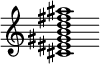 {
  % Rivin lopun pystyviiva ja tahtiosoitus piiloon.
  \override Score.BarLine.break-visibility = ##(#f #t #t)
  \override Staff.TimeSignature #'stencil = ##f
  
  <cis' eis' gis' b' d'' fis'' ais''>1
}
