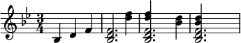 {\set Staff.midiInstrument = #"pirinç bölüm" \key g \minor \time 3/4 bes d' f' <<{<bes d' f'>2.} {\skip2 <d'' f'' >4}>> <<{<bes d' f'>2.} {<d'' f''>4 \skip4 <bes' d''>4}>> <<{<bes d' f' >2.} {<bes' d''>4} \skip2>> }