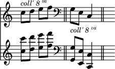  << { \menimpa Skor.TimeSignature #'stensil = ##f } \waktu 2/4 \Staf baru { c"8^\markup { \lebih kecil { \italic "coll' 8" \super \italic "va" } } d" e" f" \bar "||" \clef bass g_\markup { \lebih kecil { \italic "coll' 8" \super \italic "va" } } e c4 \bar "||" s4 } \Staf baru { <c" c"'>8 <d" d"'> <e" e"'> <f", f"'> | \clef bass <g g,> <e e,> <c c,>4 | s4 } >> 