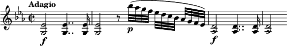 \relative c' {  \key es \major  \tempo "Adagio"  \time 2/2  \tempo 4 = 50  <es g,>2\f q4.. q16 |  q2 r8 bes''32\p( as g f es d c bes as[ g f es]) |  <aes, d>2\f q4.. q16 |  q2}