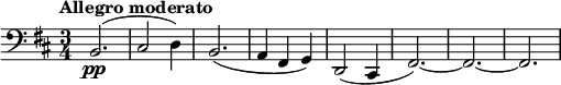 
\relative c {
 \tempo "Allegro moderato"
 \key b \minor
 \time 3/4
 \clef bass
 \set Staff.midiInstrument = "cello"
 \bar ""
 b2.\pp (| cis2 d4) | b2. (| a4 fis g) | d2 (cis4 | fis2.~) | fis2.~ | fis2.
}
