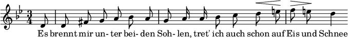 
{ \new Staff << \relative c' {\set Staff.midiInstrument = #"clarinet" \tempo 4 = 108 \set Score.tempoHideNote = ##t
  \key g \minor \time 3/4 \autoBeamOff \set Score.currentBarNumber = #10 \set Score.barNumberVisibility = #all-bar-numbers-visible \bar ""
  \partial 8 d8 | d fis g a bes a | g a16 a bes8 c d^\< e!\! | f^\> e!\! d4 }
  \addlyrics { Es brennt mir un- ter bei- den Soh- len, tret' ich auch schon auf Eis und Schnee } >>
}