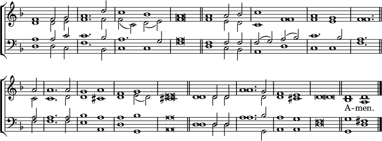 
\new ChoirStaff <<
  \new Staff { \clef treble \time 4/2 \key d \minor \set Staff.midiInstrument = "church organ" \omit Staff.TimeSignature \set Score.tempoHideNote = ##t \override Score.BarNumber  #'transparent = ##t \override Staff.NoteHead.style = #'altdefault 
  \relative c'
  << { f1 f2 g | a1. d2 | c1 bes | a\breve \bar"||"
     a1 a2 bes | c1 f, | a g | f1. \bar"||" \break
     a2 | a1. a2 | g1 a | f g | e\breve \bar"||"
     d1 d2 d | a'1. g2 | f1 e d\breve \bar"||"
     d1 d \bar"|."} \\
  { d1 d2 e | f1. f2 | f( c) d( e) | f\breve |
  f1 e2 d | c1 f | f e | f1.
  c2 | c1. d2 | d1 cis | d1 e2( d) | cis\breve
  d1 d2 d | a'1. d,2 | d1 cis | d\breve
  bes1 a
} >>
  } 
\addlyrics {_ _ _ _ _ _ _ _ _ _ _ _ _ _ _ _ _
            _ _ _ _ _ _ _ _ _ _ _ _ _ _ _ _ _ _ A -- men.}
\new Staff { \clef bass \key d \minor \set Staff.midiInstrument = "church organ" \omit Staff.TimeSignature
  \relative c'
  << { a1 a2 c | c1. bes2 | a1. g2 | a\breve |
     f1 f2 f | f( g) a( bes) | c1. bes2 | a1. 
     a2 | a1. a2 | bes1 a | a bes | a\breve
     d,1 d2 d | a'1. bes2 | a1 g | f\breve
     g1 fis } \\
  { d1 d2 c | f1. bes,2 | c1 c | f\breve
  d1 c2 bes | a1 d | c c | f1.
  f2 | f1. f2 | e1 a, | d g, | a\breve
  d1 d2 d | a'1. g,2 | a1 a | d\breve
  g,1 d' } >>
  } 
>>
\layout { indent = #0 }
\midi { \tempo 2 = 76 }
